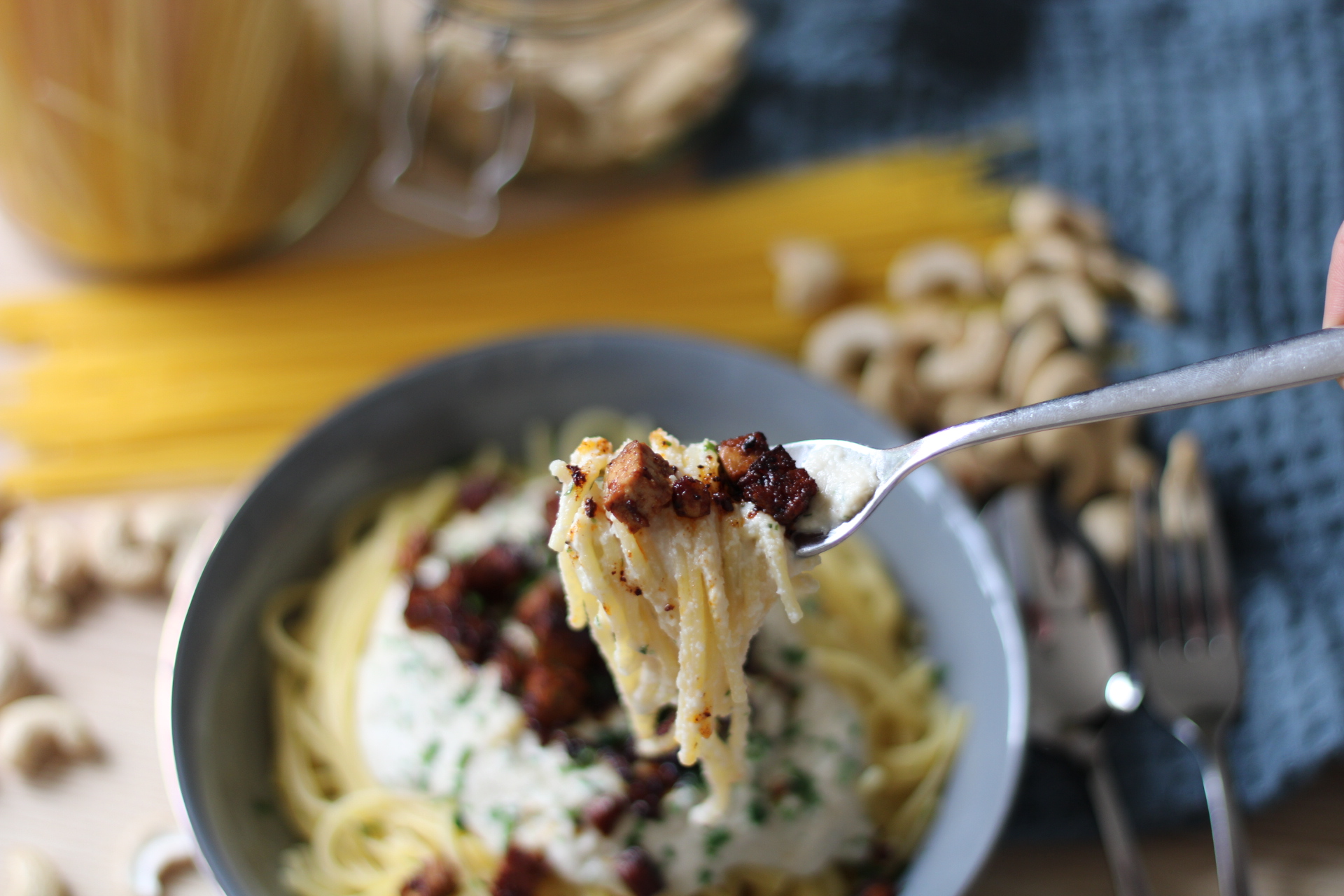 vegane Spaghetti Carbonara mit Cashewsauce